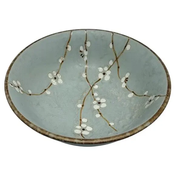 Late 20th Century Japanese Shosun Mint Large 8 3/8” Ceramic Bowl Cherry Blossoms